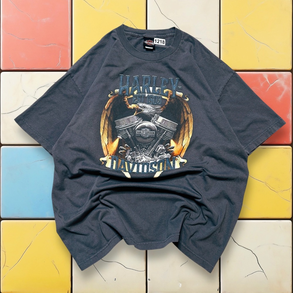 VTG Harley Davidson V-Twin Flame Shirt Y2K Men Gray‎ 3XL Eagle Biker Grunge Tee